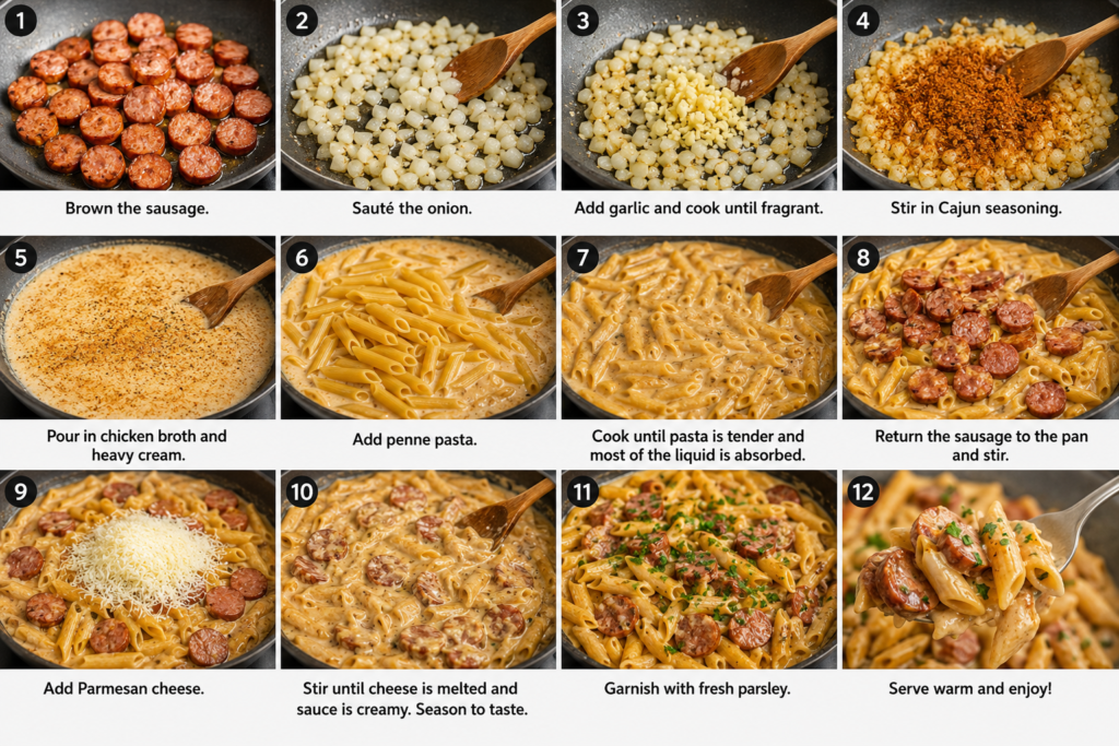 one pan smoky cajun butter sausage penne
