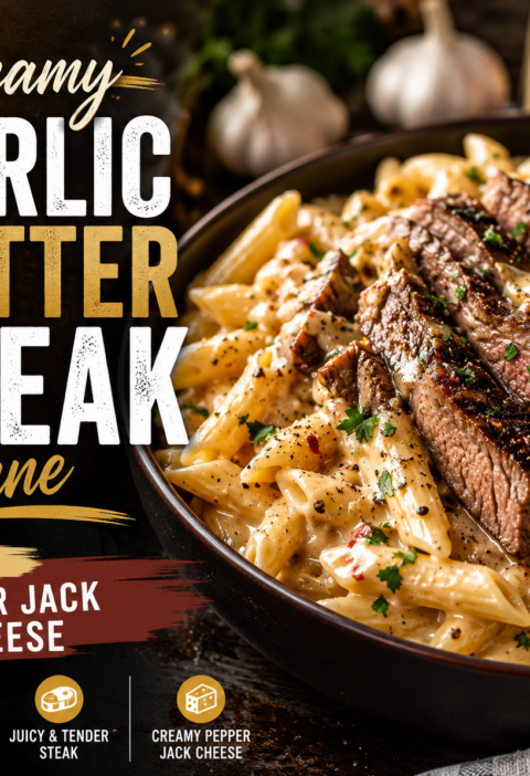 Creamy Garlic Butter Steak Penne with Pepper Jack Cheese