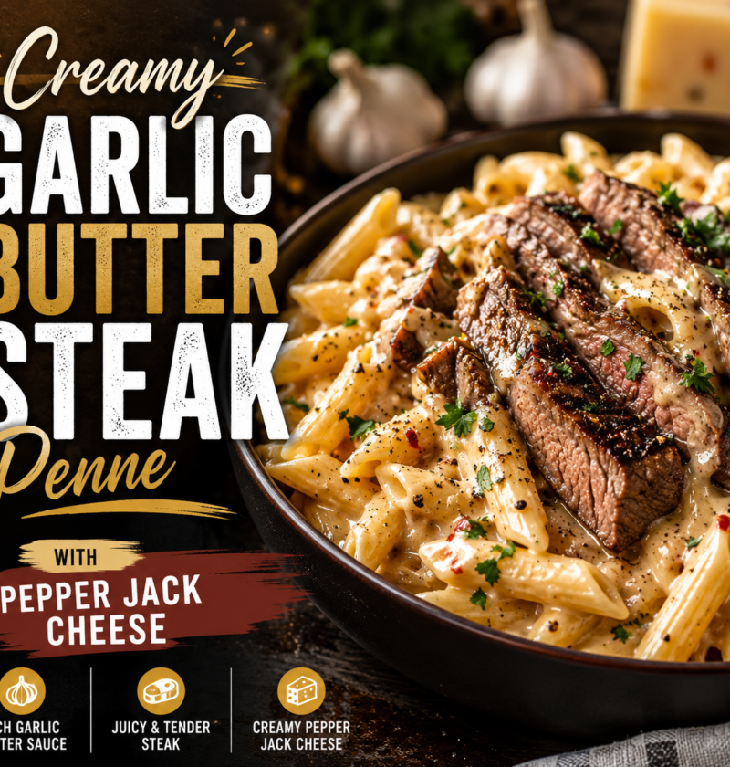 Creamy Garlic Butter Steak Penne with Pepper Jack Cheese