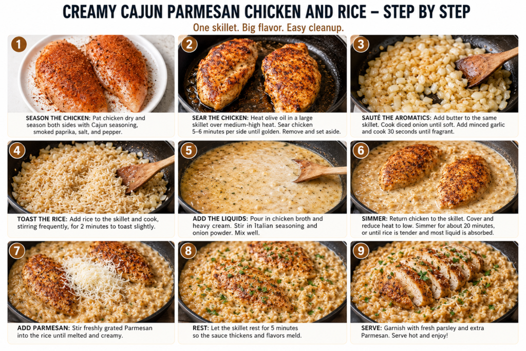 One-Pan Creamy Cajun Parmesan Chicken and Rice