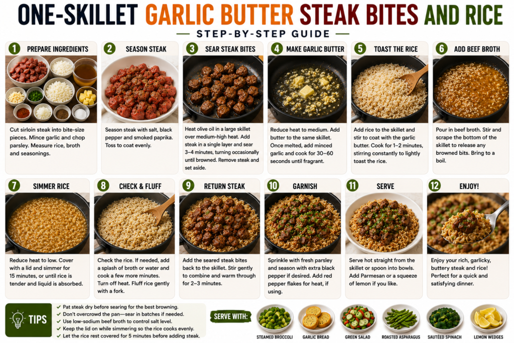One-Skillet Garlic Butter Steak Bites and Rice