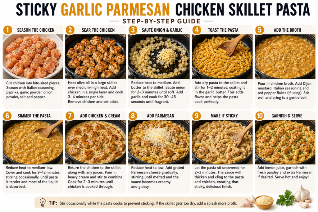 Sticky Garlic Parmesan Chicken Skillet Pasta