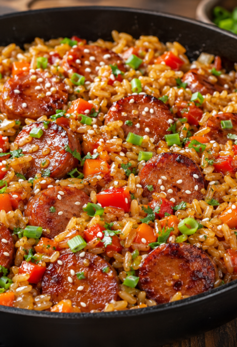 Sticky Honey Garlic Smoked Sausage Rice