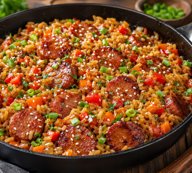 Sticky Honey Garlic Smoked Sausage Rice