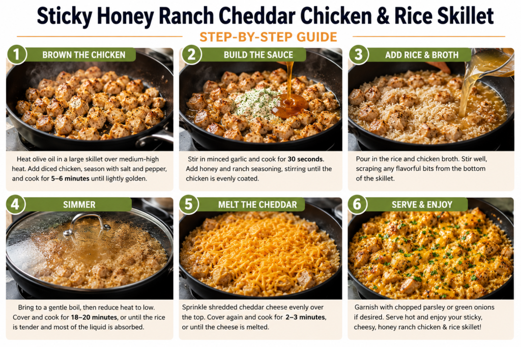 Sticky Honey Ranch Cheddar Chicken & Rice Skillet