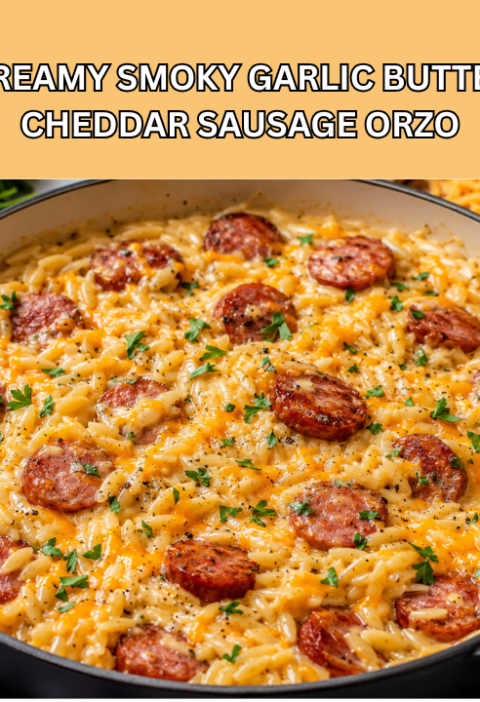 creamy smoky garlic butter cheddar sausage orzo