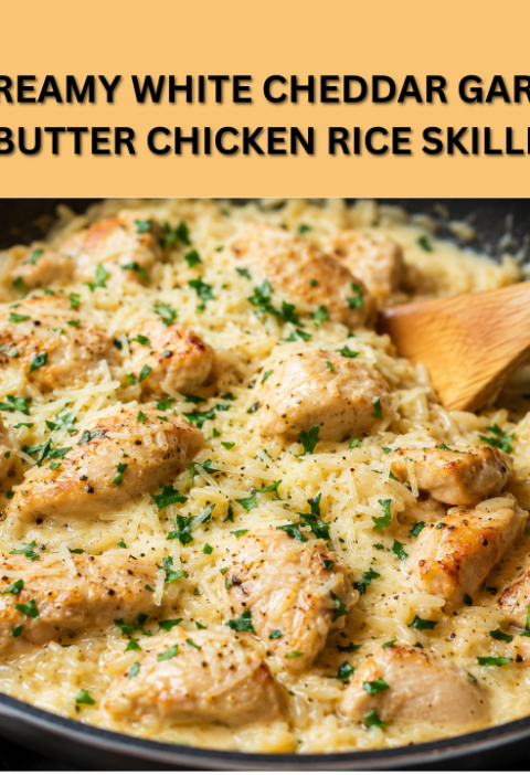 creamy white cheddar garlic butter chicken rice skillet
