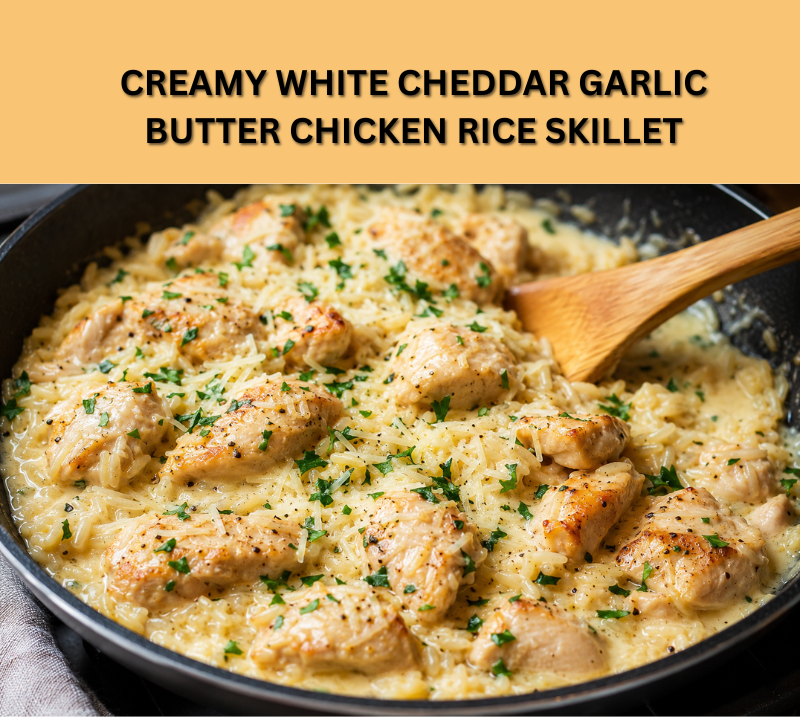 creamy white cheddar garlic butter chicken rice skillet