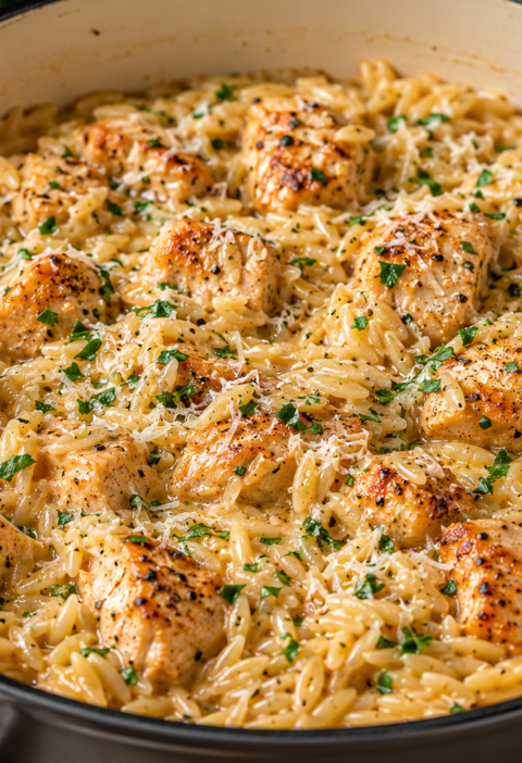 one pot smoky garlic butter parmesan chicken orzo