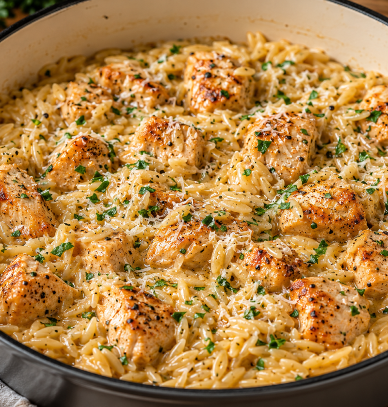 one pot smoky garlic butter parmesan chicken orzo