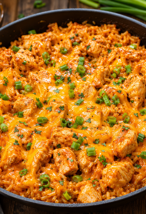 sticky sweet smoky buffalo cheddar chicken rice skillet