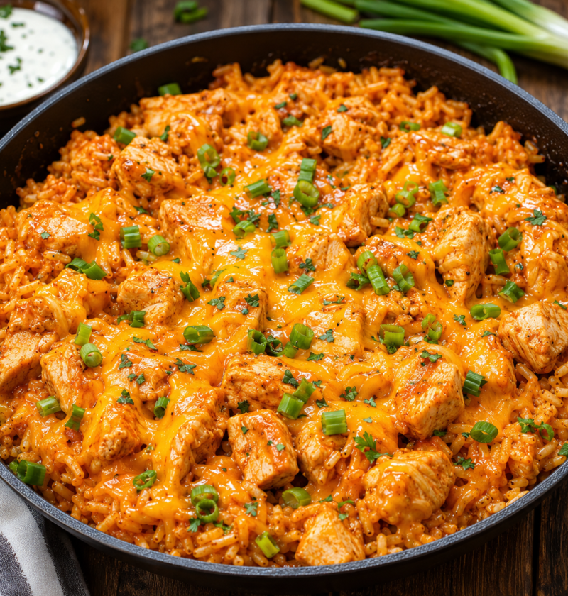 sticky sweet smoky buffalo cheddar chicken rice skillet