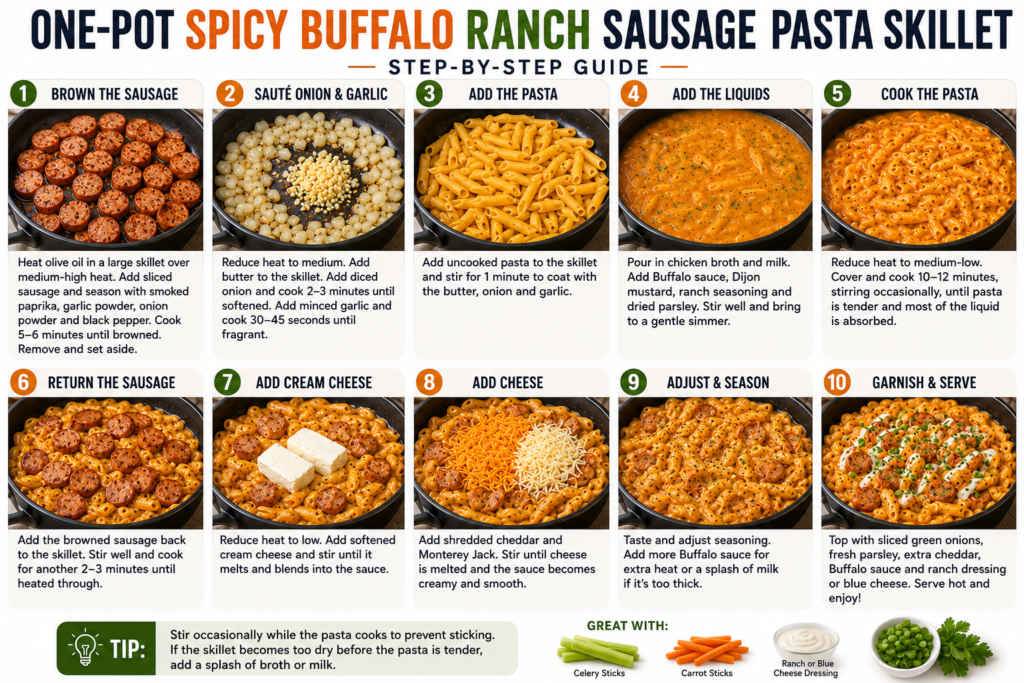 one pot spicy buffalo ranch sausage pasta skillet
