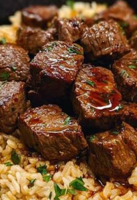 one skillet garlic butter steak bites and rice