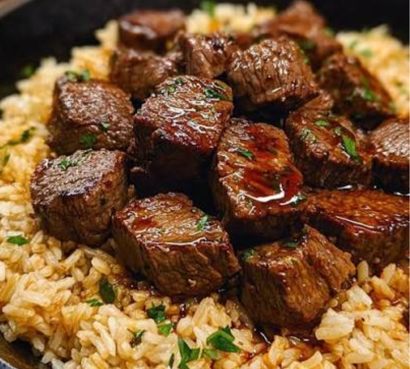 one skillet garlic butter steak bites and rice