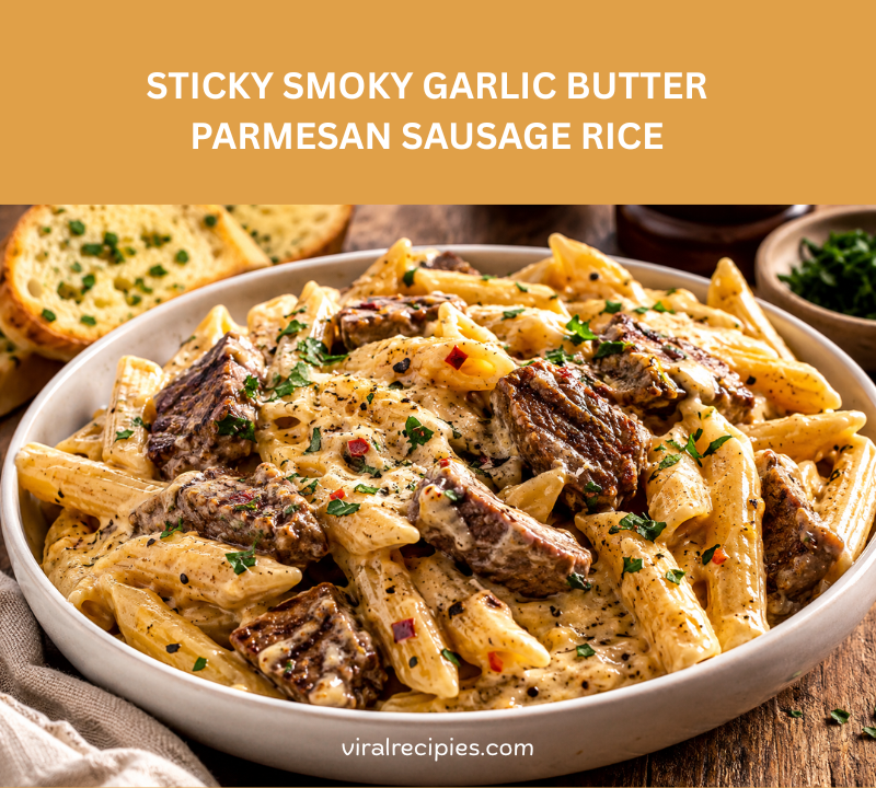 sticky smoky garlic butter parmesan sausage rice