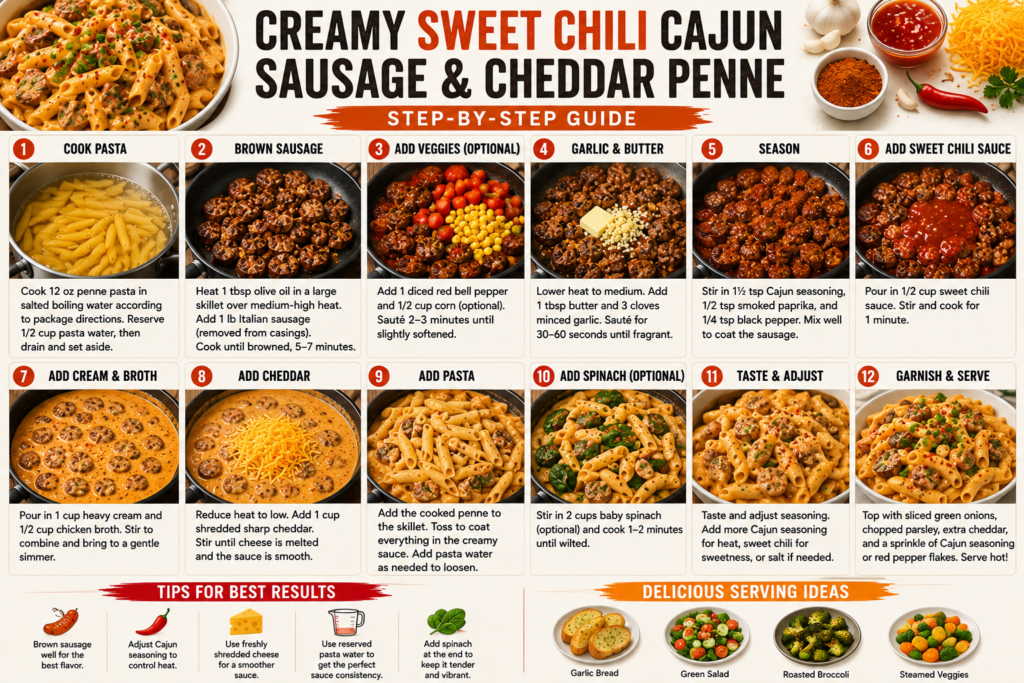 Creamy Sweet Chili Cajun Sausage and Cheddar Penne