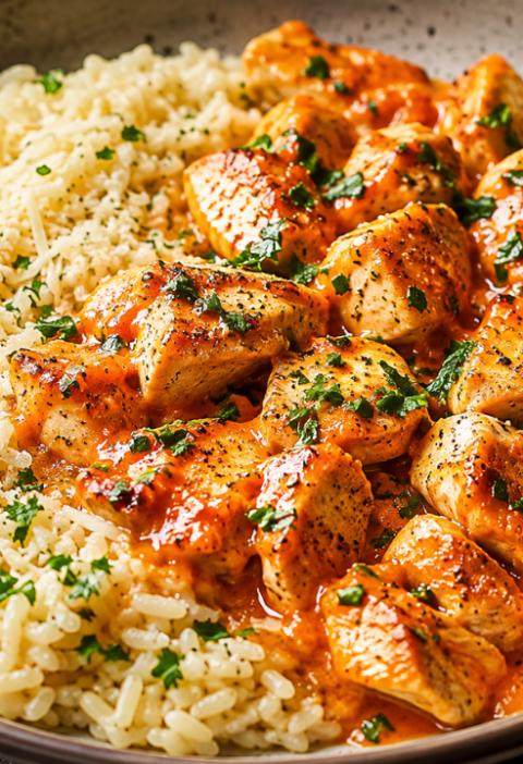 Spicy Buffalo Garlic Butter Chicken with Parmesan Rice