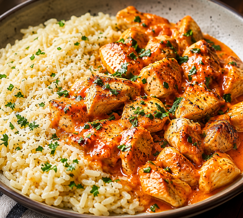Spicy Buffalo Garlic Butter Chicken with Parmesan Rice