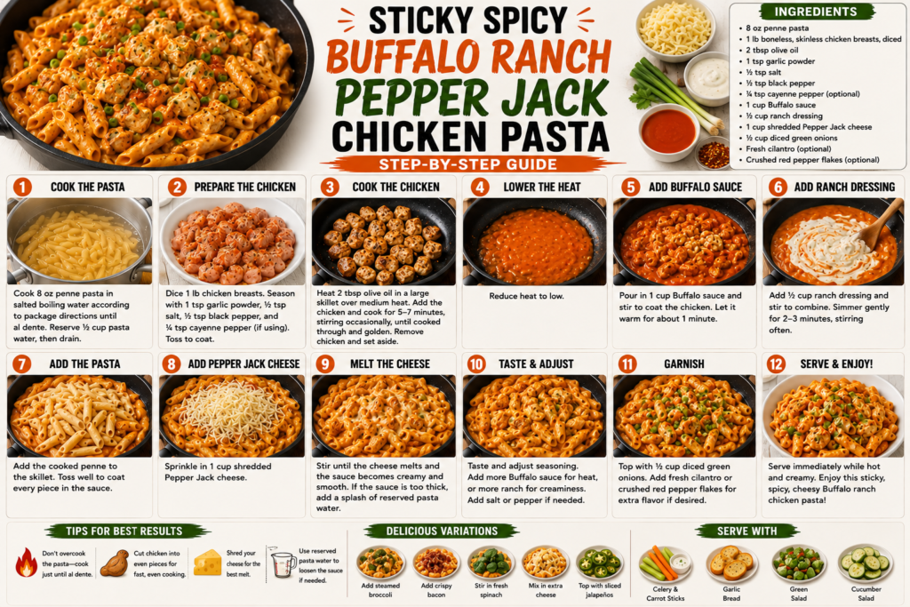 Sticky Spicy Buffalo Ranch Pepper Jack Chicken Pasta