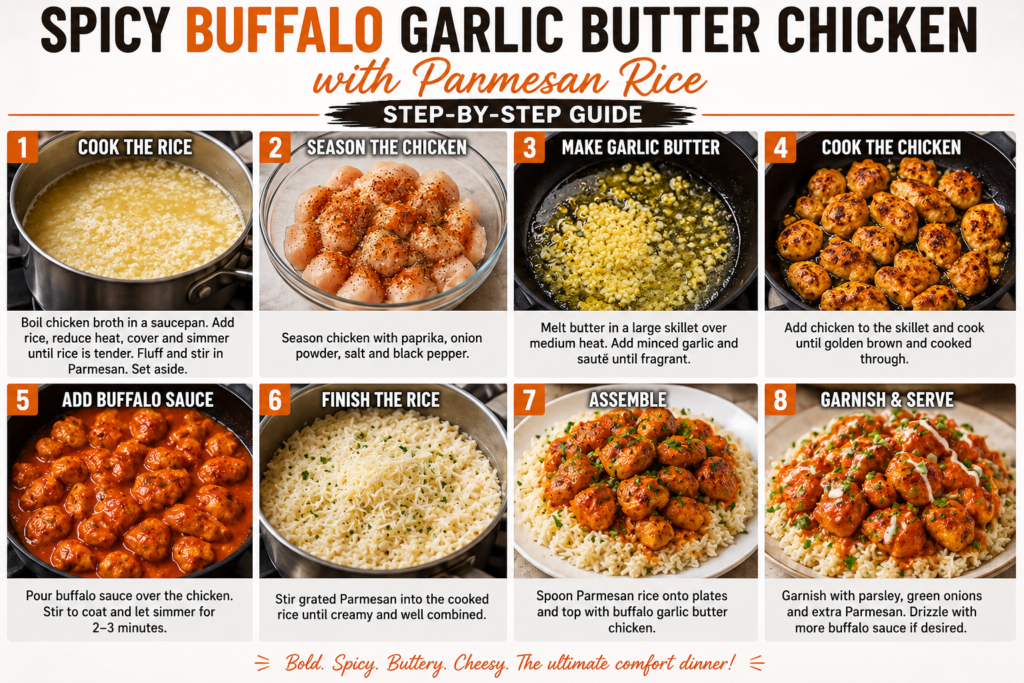 Spicy Buffalo Garlic Butter Chicken with Parmesan Rice