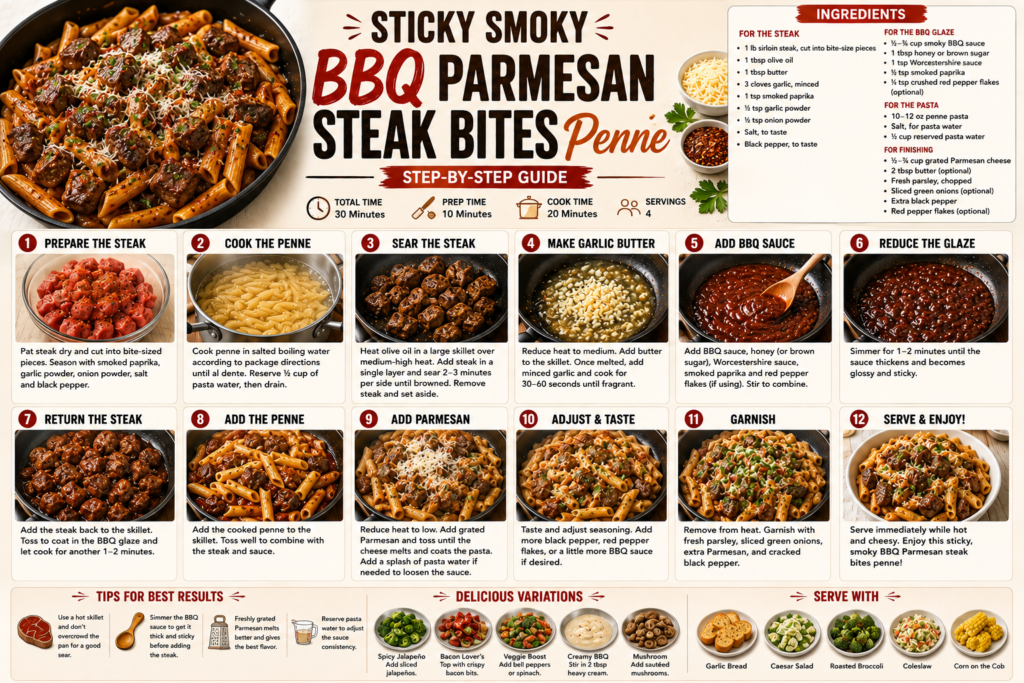 Sticky Smoky BBQ Parmesan Steak Bites Penne