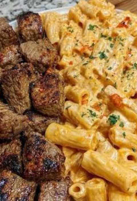 sticky smoky bbq parmesan steak bites penne