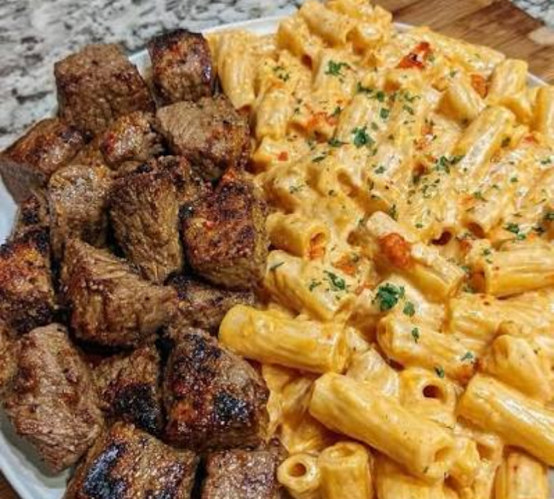 sticky smoky bbq parmesan steak bites penne