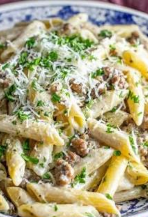 sticky sweet buffalo garlic butter sausage penne