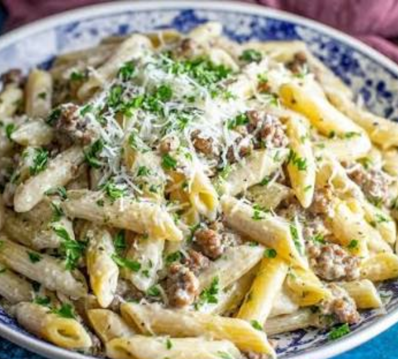sticky sweet buffalo garlic butter sausage penne