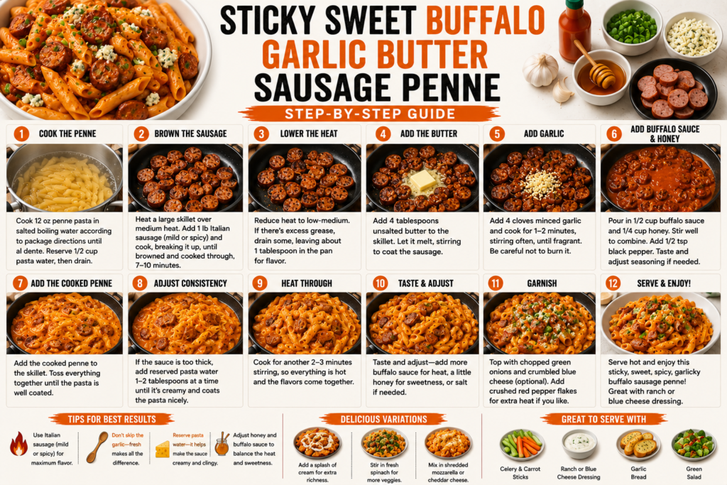 sticky sweet buffalo garlic butter sausage penne